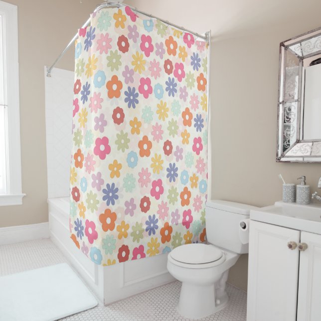 Rideaux De Douche Boho 70's Retro Daisy Flowers (En situation)
