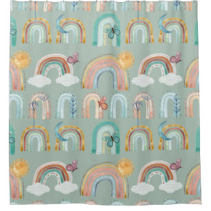 Rideaux De Douche Boho Arc-en-ciel Papillon floral Sage Terracotta