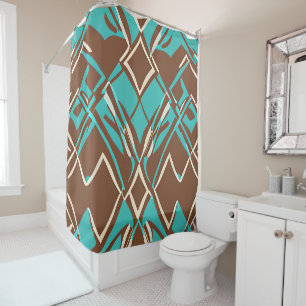 Rideaux De Douche Boho Brown et Turquoise Motif de formes géométriqu
