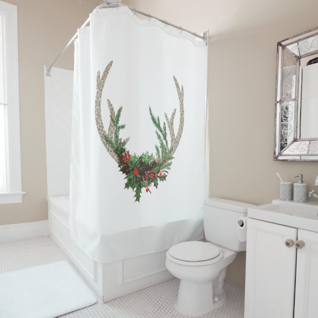 Rideaux De Douche Boho Deer Antlers | Floral de Noël rouge rustique (En situation)