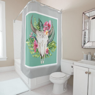 Rideaux De Douche Boho Floral Crâne Sarcelle & Gris Chic Glamour Mod