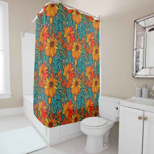 Rideaux De Douche Boho Flowers bleu et orange (En situation)