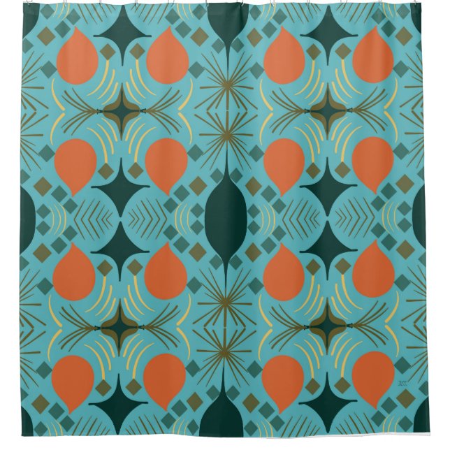 Rideaux De Douche Boho Géométrique Diamant Turquoise (Devant)