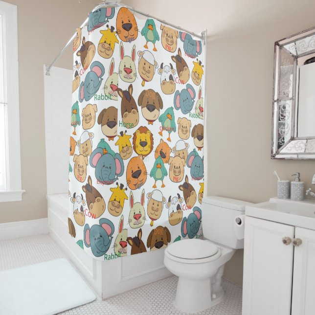 Rideaux De Douche Boho mignon dessin animé safari animal famille élé (En situation)