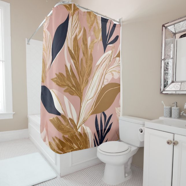Rideaux De Douche Boho rose vif Feuilles Collection moderne (En situation)