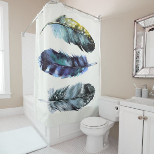 Rideaux De Douche Boho Style Aquarelle Oiseaux Plumes Crème Bleue