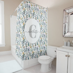 Rideaux De Douche Boho Watercolor Fleurs sauvages Motif Nom du monog