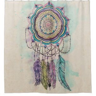 Rideaux De Douche Boho Watercolor Mandala Dreamcatcher