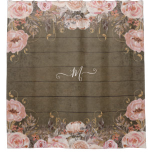 Rideaux De Douche Bois rustique Aquarelle rose initiale Vintage flor