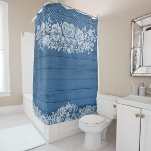 Rideaux De Douche Bois rustique bleu et dentelle blanche Fermette en