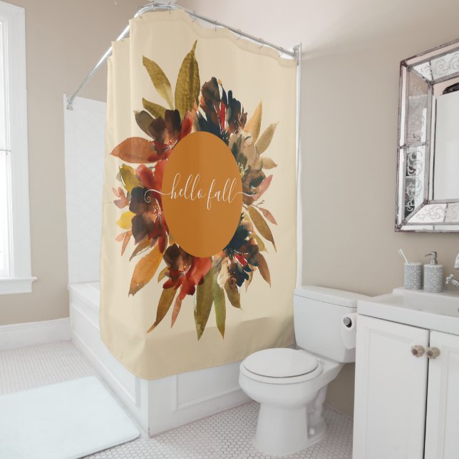Rideaux De Douche Bonjour Automne Script Floral Aquarelle Automne  (En situation)