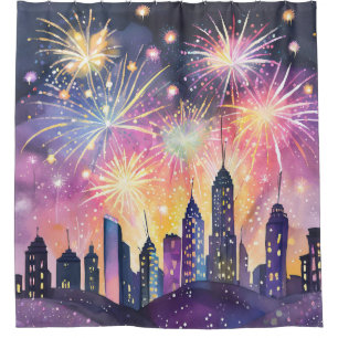 Rideaux De Douche Bonne année   Feux d'artifice Cité Nuit Aquarelle