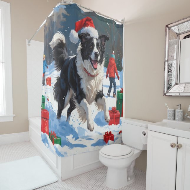 Rideaux De Douche Bordure Collie Noël Festive Scène de neige (En situation)