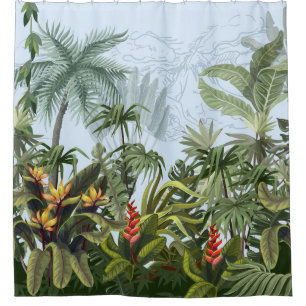 Rideaux De Douche Bordure transparente avec jungle et fleurs. Vin
