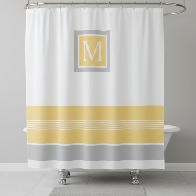Rideaux De Douche Bordure triée monogramme jaune et gris (Créateur téléchargé)