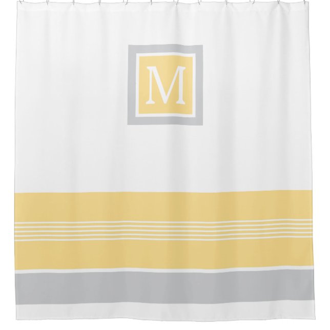 Rideaux De Douche Bordure triée monogramme jaune et gris (Devant)
