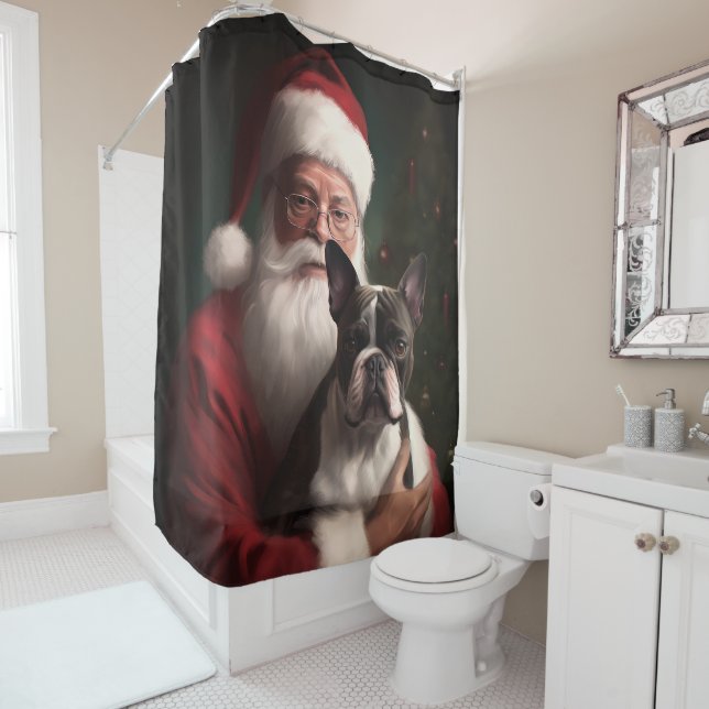 Rideaux De Douche Boston Terrier avec Noël Festif du Père Noël (En situation)