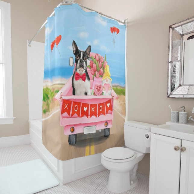 Rideaux De Douche Boston Terrier Chien Valentine's Day Truck Hearts (En situation)