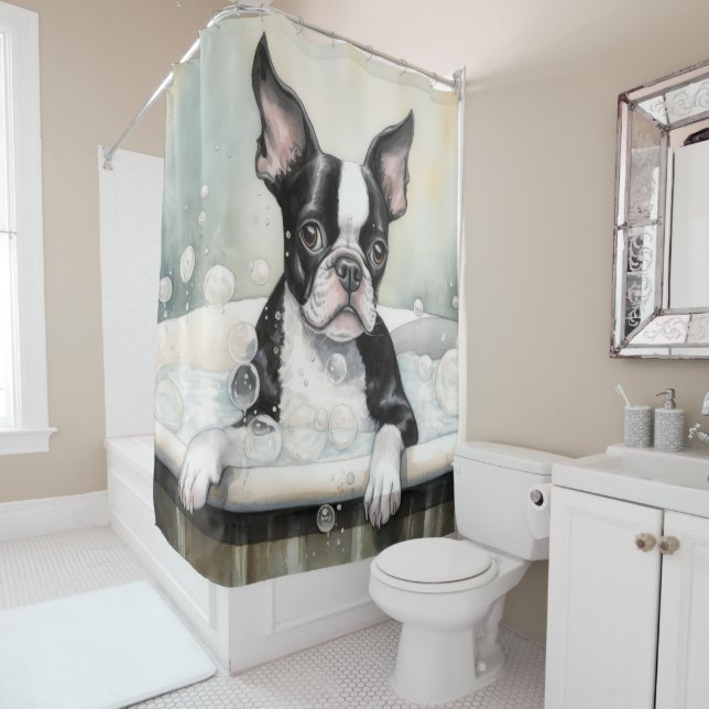 Rideaux De Douche Boston Terrier Dans Bathbath Watercolor Chien Art (En situation)