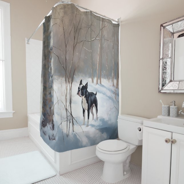 Rideaux De Douche Boston Terrier Laisser neiger Noël (En situation)