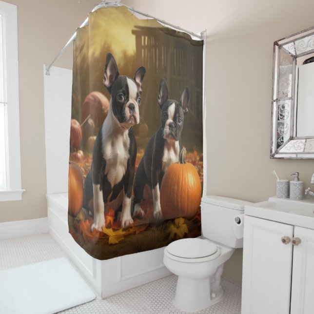 Rideaux De Douche Boston Terrier Puppy Automne Citrouille de plaisir (En situation)