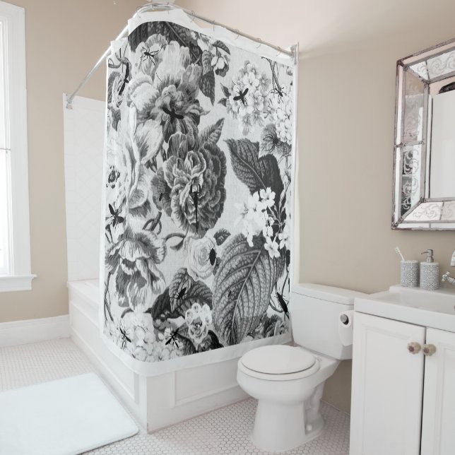 Rideaux De Douche Botanique blanc noir vintage et insectes Toile (En situation)