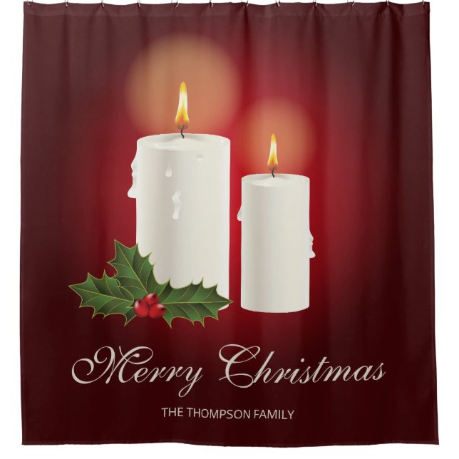 Rideaux De Douche Bougies de Noël blanches sur fond rouge avec texte (Devant)