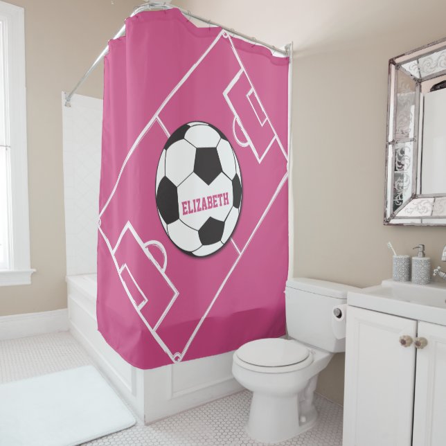 Rideaux De Douche Boule de soccer personnalisée et rose de champ (En situation)