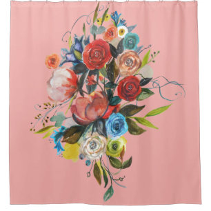 Rideaux De Douche Bouquet Aquarelle Douce Corail Personnalisable