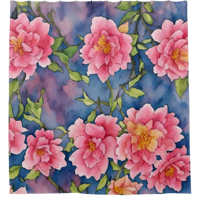Rideaux De Douche Bouquet floral Aquarelle Peoné rose sur bleu (Devant)