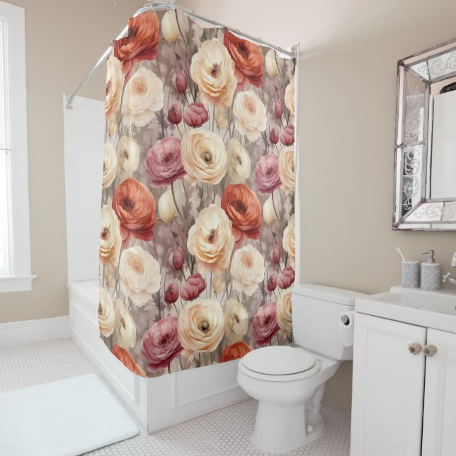 Rideaux De Douche Bourgogne Crème Fleurs de Printemps Shower de Mari (En situation)
