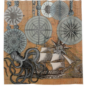 Rideaux De Douche Boussole Rose Vintage Nautique Octopus Ship