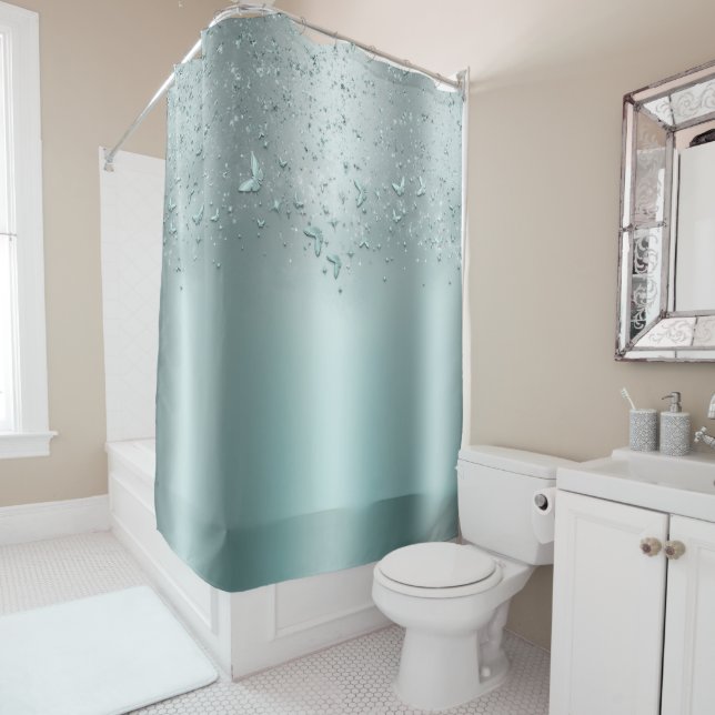 Rideaux De Douche Bouton d'effervescence Turquoise Argent (En situation)