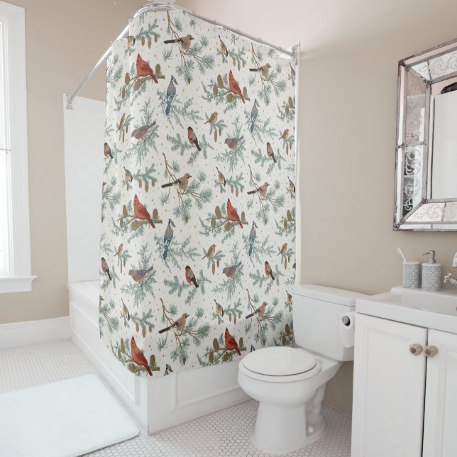 Rideaux De Douche Branches d'oiseaux et de pins d'hiver Motif (En situation)