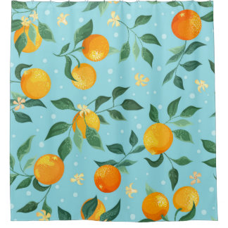 Rideaux De Douche Branches d'oranges avec fleurs sur un dos bleu