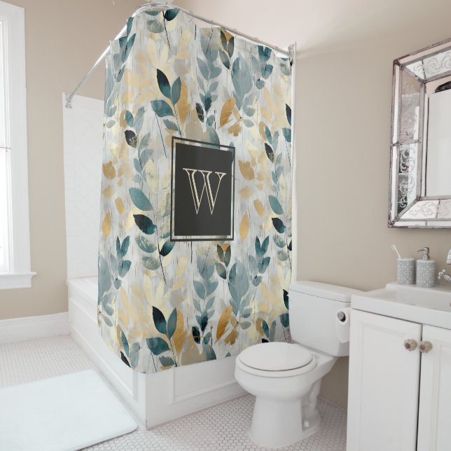Rideaux De Douche Branches Monogram Blue et Gold Boho (En situation)