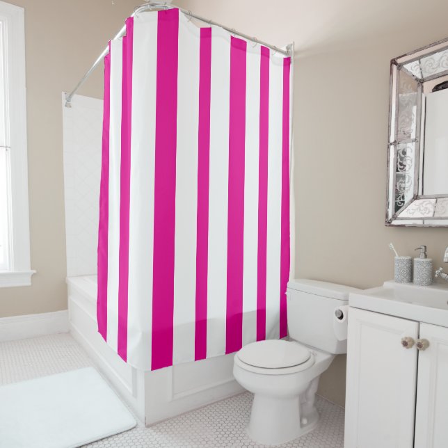 Rideaux De Douche Bright Hot Pink White Summer Stripes (En situation)