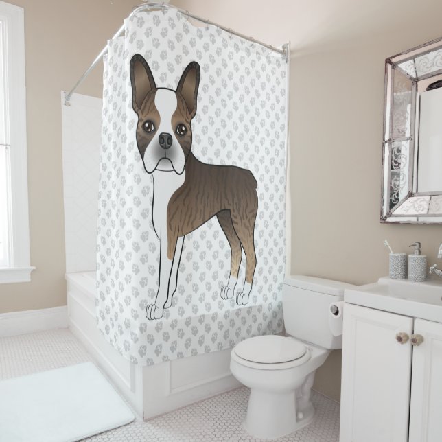 Rideaux De Douche Brindle Boston Terrier Cute Cartoon Chig & Paws (En situation)