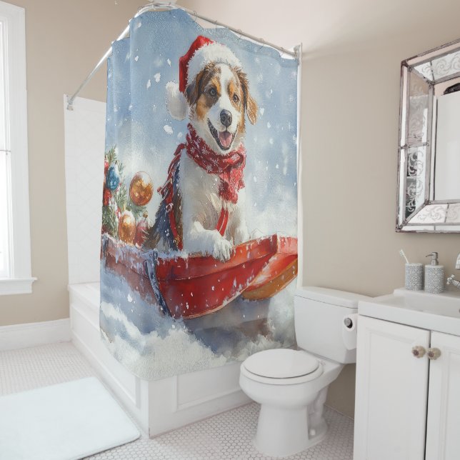 Rideaux De Douche Brittany Spaniel Dog à Sledge Noël (En situation)