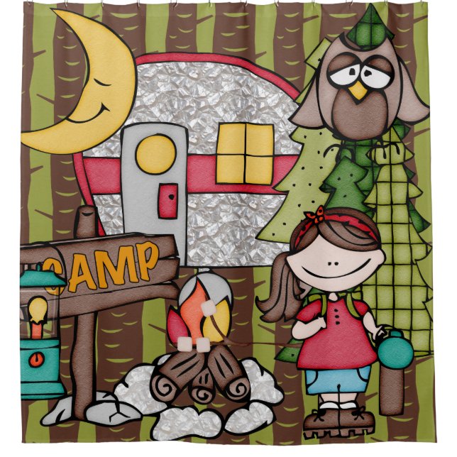 Rideaux De Douche Brown Hair Girl Extérieur Camping Vacances (Devant)