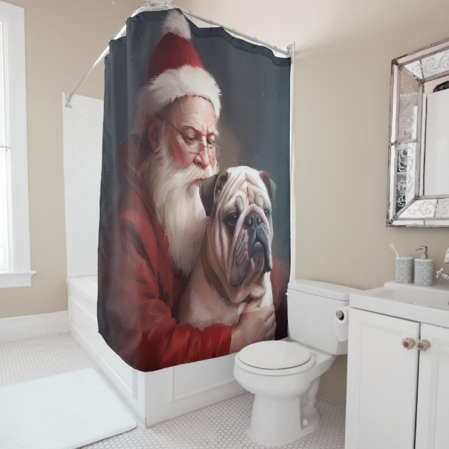 Rideaux De Douche Bulldog avec Noël Festif du Père Noël (En situation)
