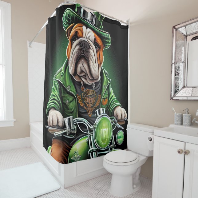 Rideaux De Douche Bulldog Driving Bike St. Patrick's Day (En situation)