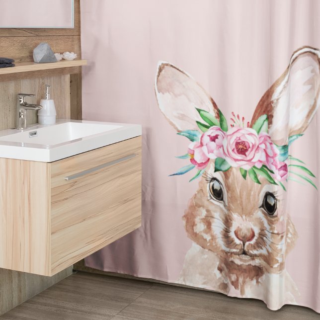 Rideaux De Douche Bunny D'Aquarelle Rose Pastel Moderne Avec Fleurs (Créateur téléchargé)