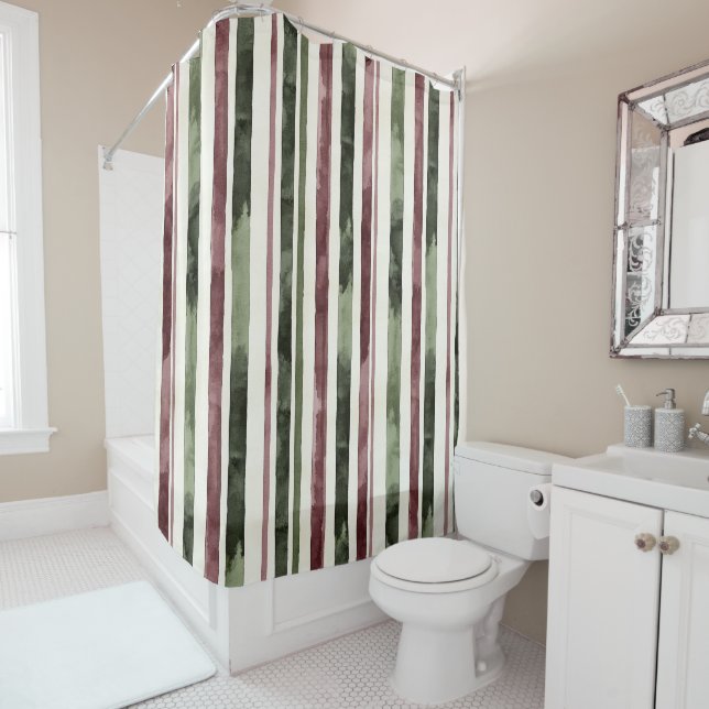 Rideaux De Douche Burgundy Red Green Cream Stripes Christmas (En situation)