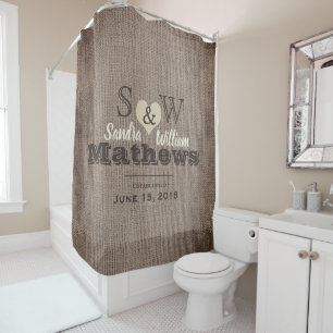 Rideaux De Douche Burlap rustique et Mariage de monogramme cardiaque