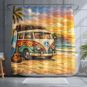 Rideaux De Douche Bus hippie de plage rétro des années 60   Vie de v