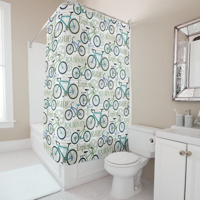 Rideaux De Douche Bycycle Voyage bleu et blanc (En situation)