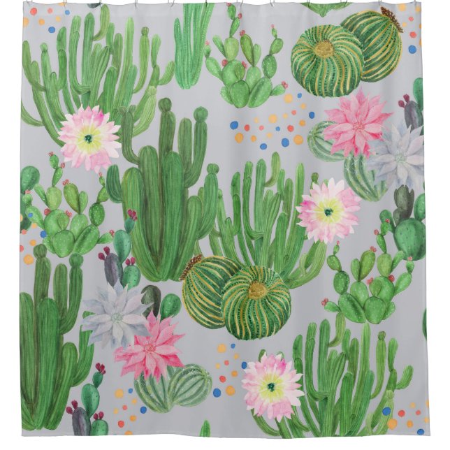 Rideaux De Douche Cactus et fleurs, aquarelle peinture transparente. (Devant)