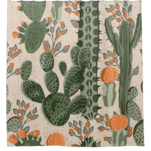 Rideaux De Douche Cactus succulents vintages verts et fleurs oranges