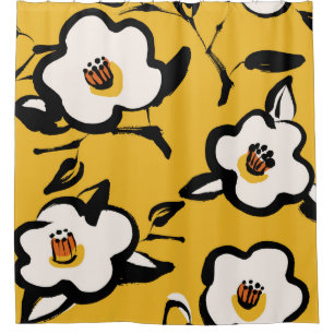 Rideaux De Douche Camellia Jaune, vintage floral et mince.